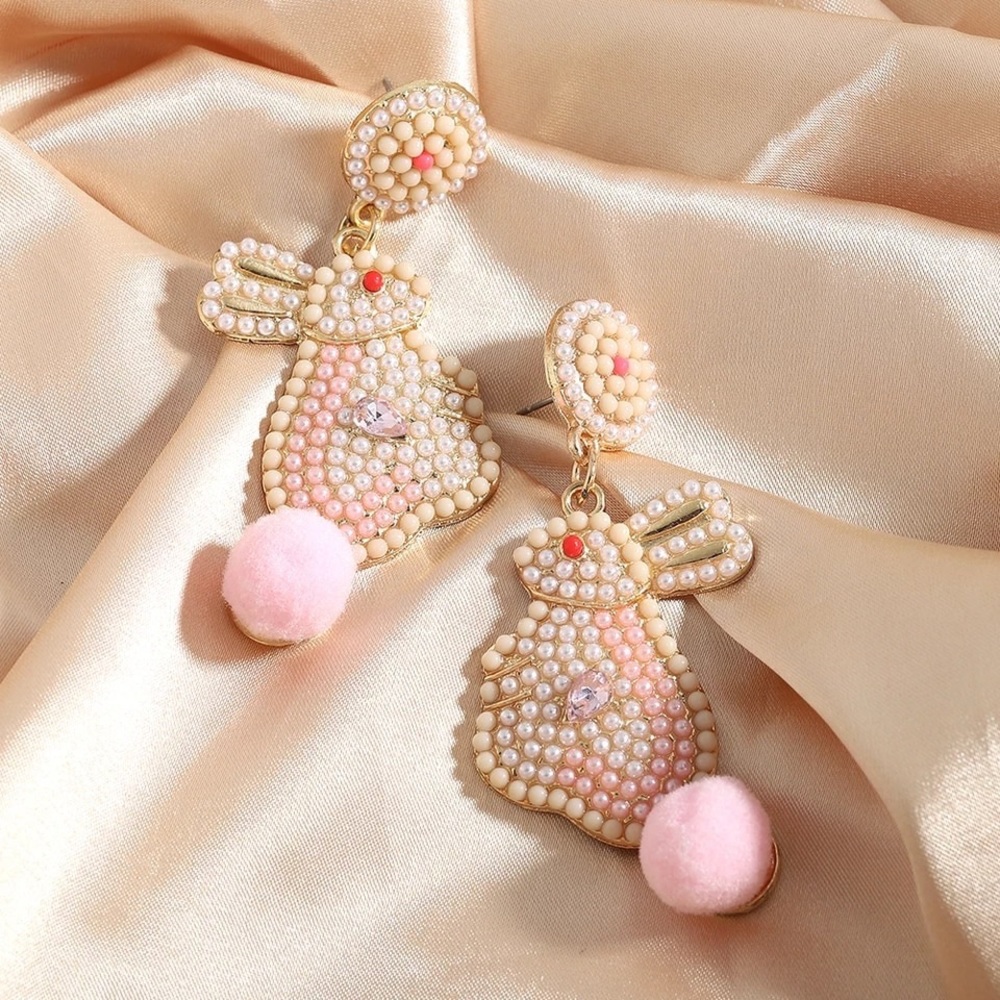 Pink Easter Bunny Rhinestone Earrings Pearl and Sparkle Women’s Girl Gold